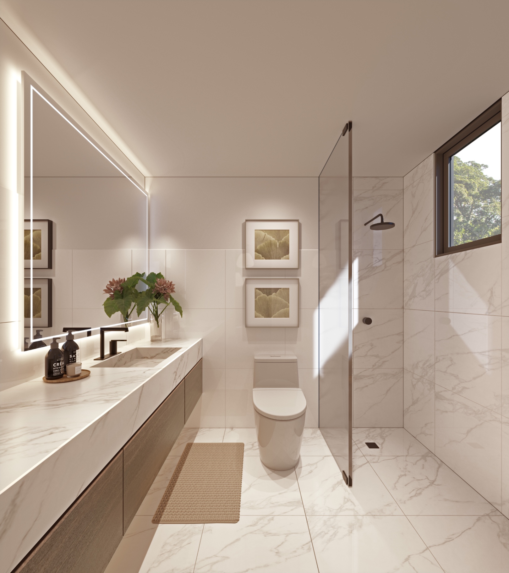 Baño principal con acabados modernos en residencia nueva