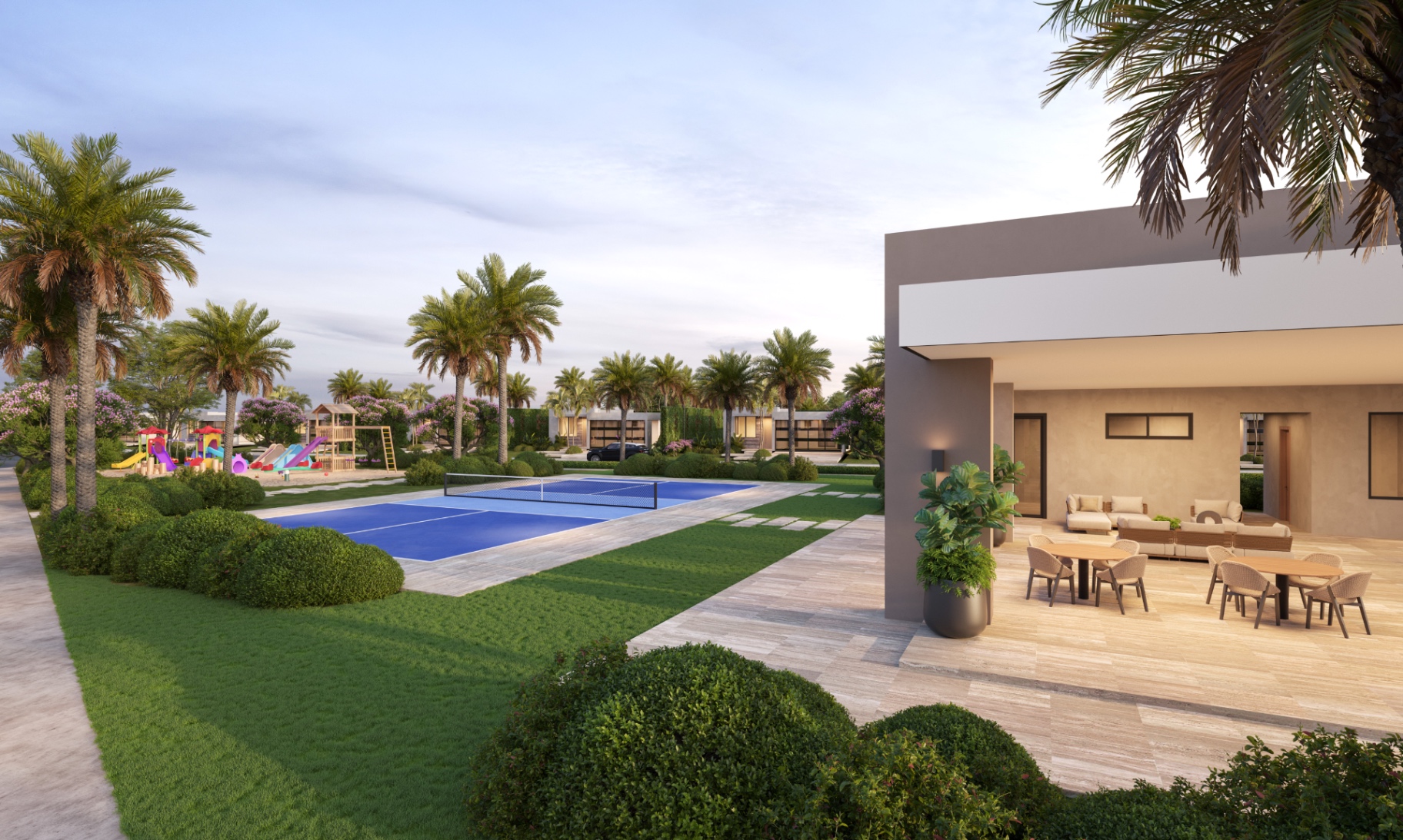 Gazebo, cancha de pickleball y playground en Palacios del Este Humacao