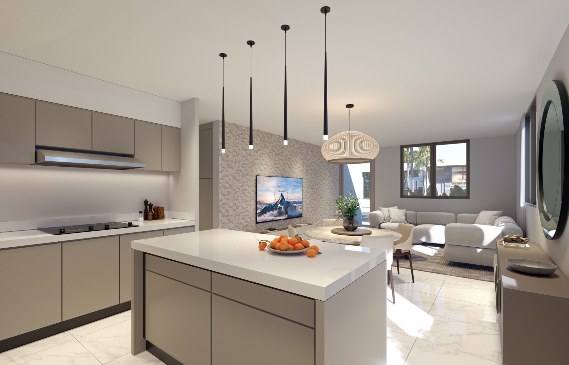 Cocina con isla y comedor integrado — casa nueva en Humacao